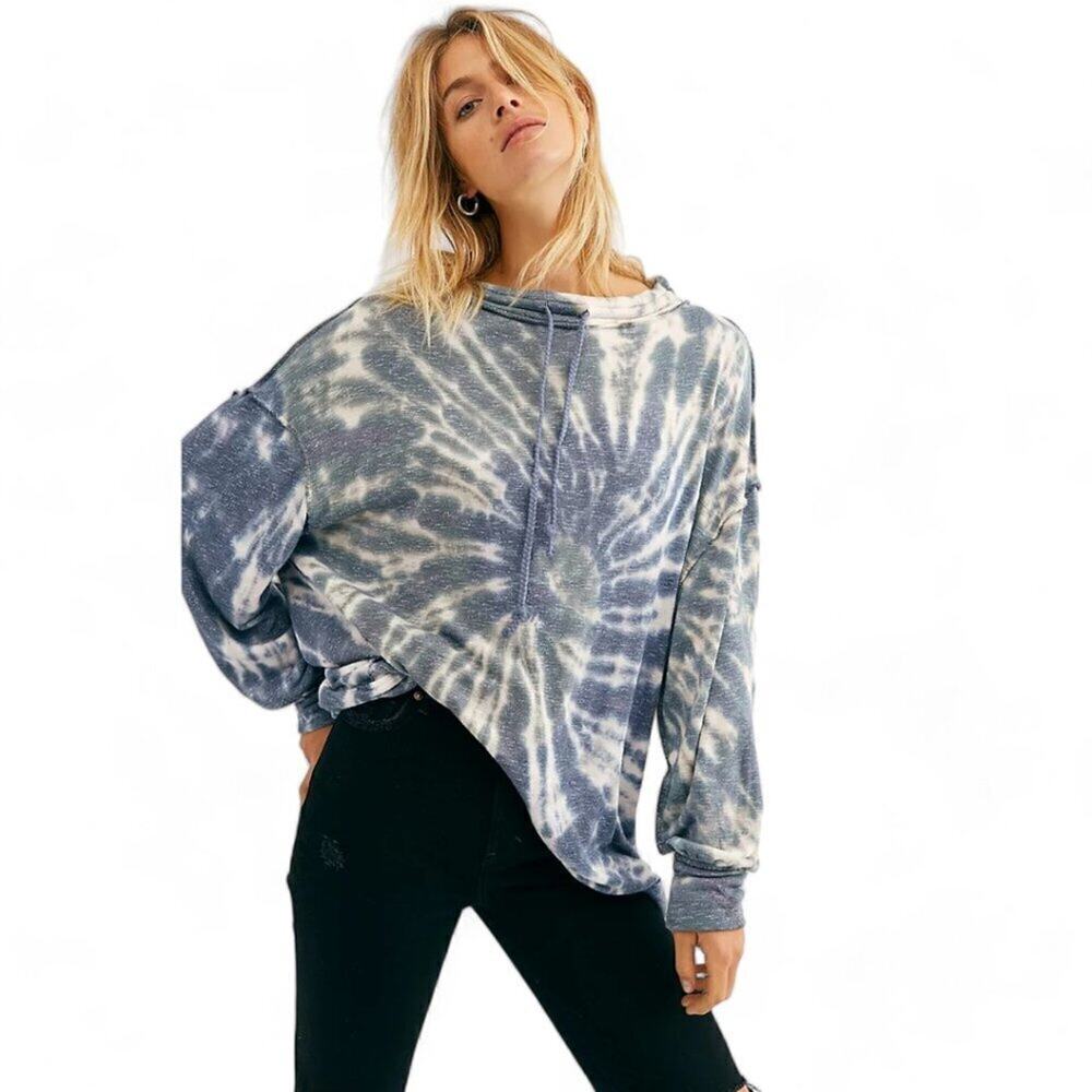 Free People We The Free Best Catch Tie Dye Blue Combo Drawstring Tunic Top Sz XS